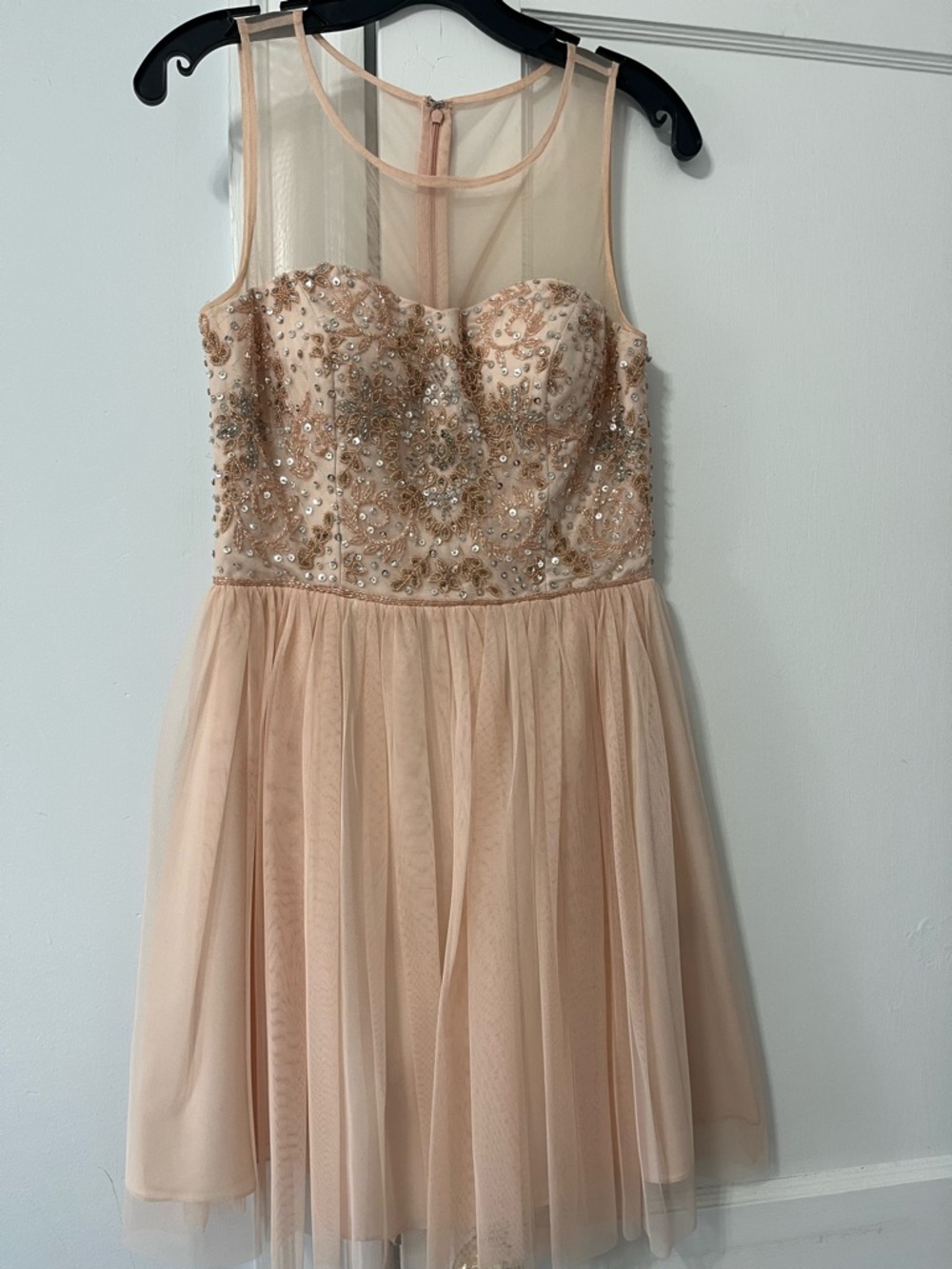Beaded Sheer Yoke Mini Dress in Nude Pink